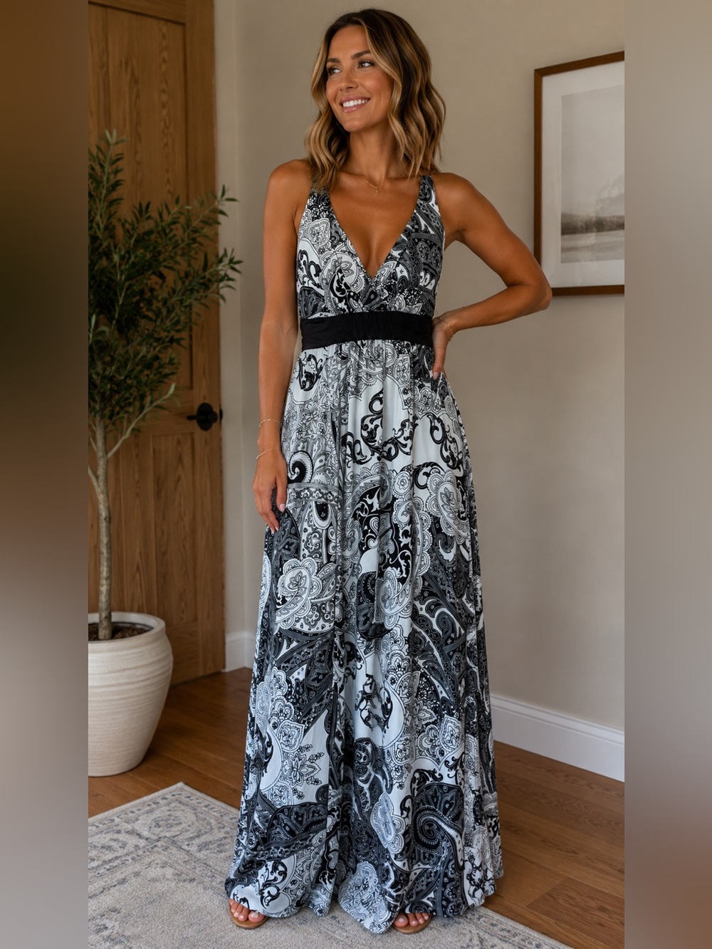 Soma Black and White Paisley V-Neck Maxi Dress with Empire Band